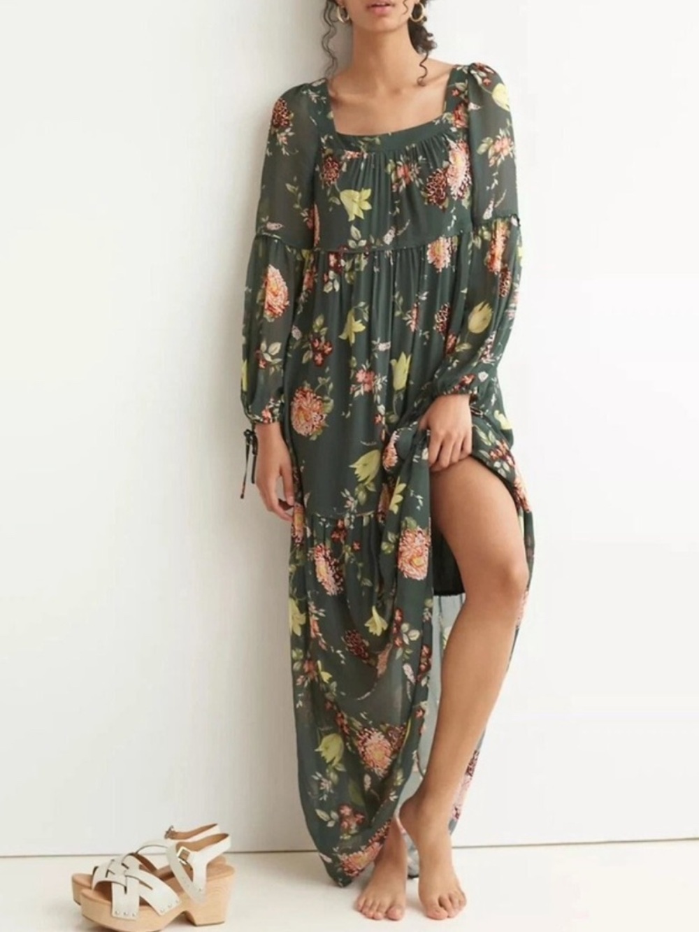 Anthropologie Boho Floral Maxi Dress with Long Sleeves